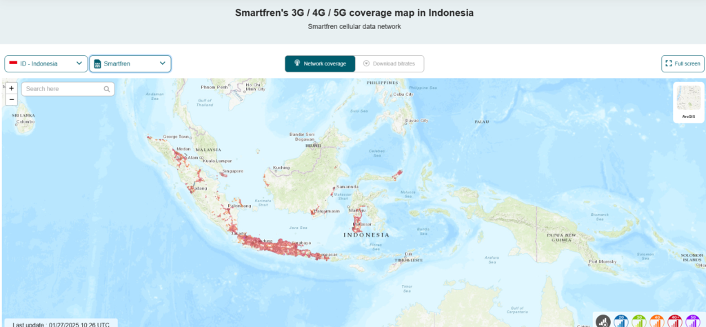 Kaart waarop de dekking van Smartfren Indonesië wordt afgebeeld