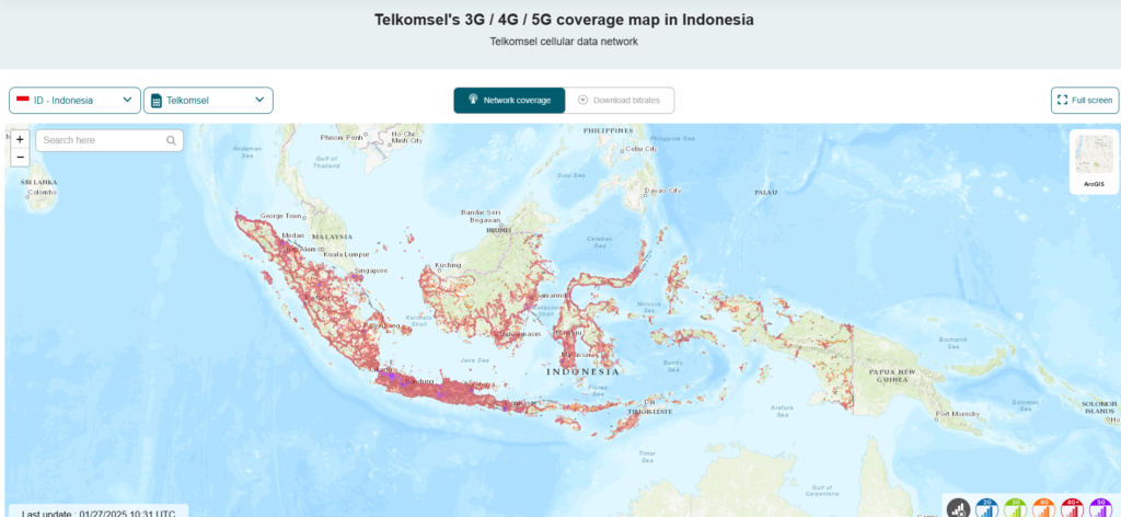 Kaart waarop de dekking van Telkomsel Indonesië wordt afgebeeld