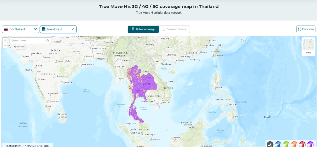 Kaart waarop de dekking van True Move H wordt afgebeeld