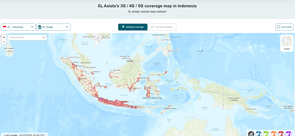 Kaart waarop de dekking van Xl Axiata Indonesië wordt afgebeeld