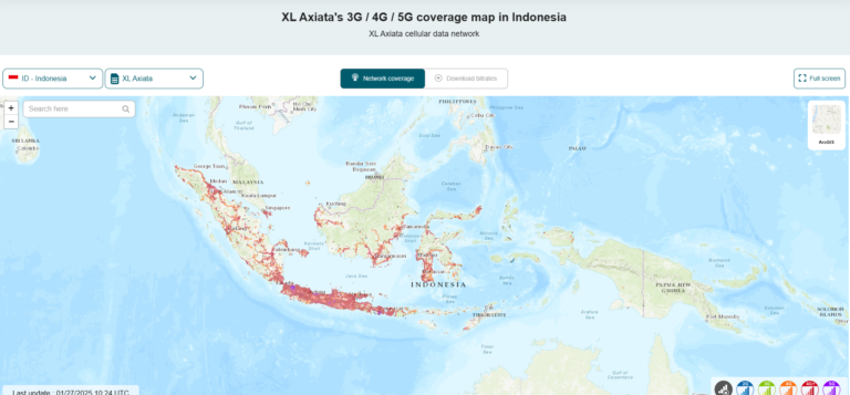 Kaart waarop de dekking van Xl Axiata Indonesië wordt afgebeeld