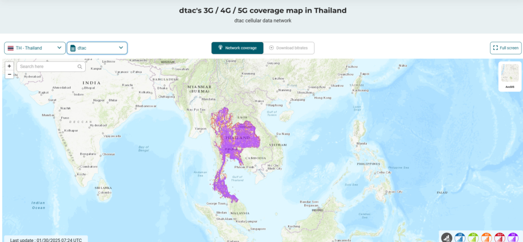 Kaart waarop de dekking van dtac wordt afgebeeld