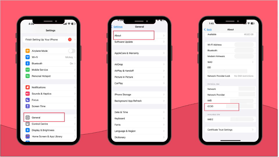 Afbeelding van 3 iPhones waarop wordt afgebeeld hoe je de ICCID op je telefoon controleert
