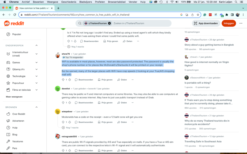 Screenshot van een post op Reddit over openbaar internet in Thailand. Gebruikers getuigen dat de openbare wifinetwerken niet altijd even snel werken.