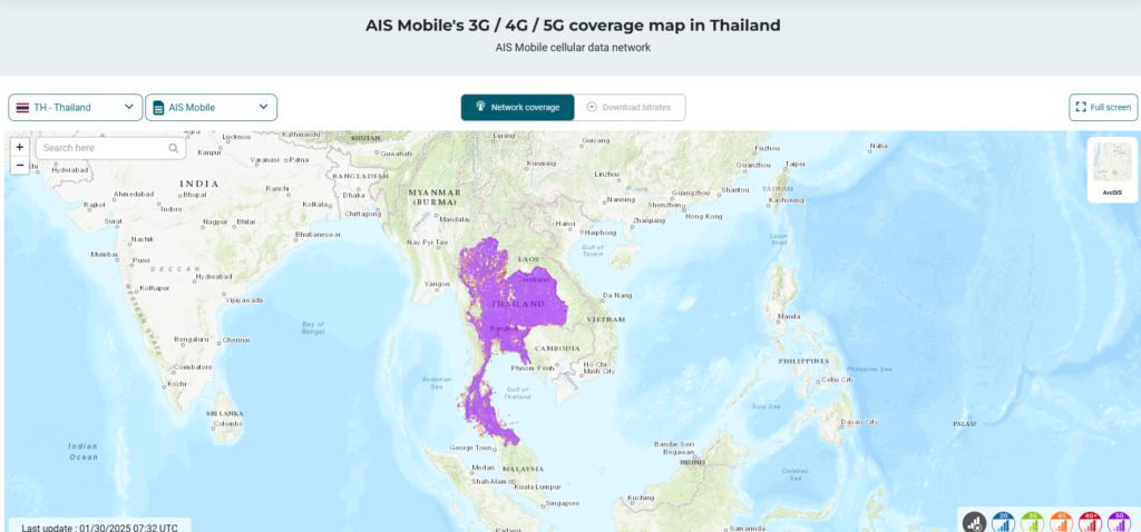 Kaart waarop de dekking van AIS wordt afgebeeld