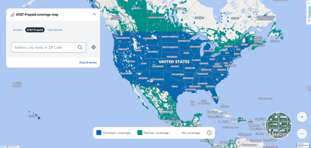 Kaart waarop de dekking van AT&T wordt afgebeeld