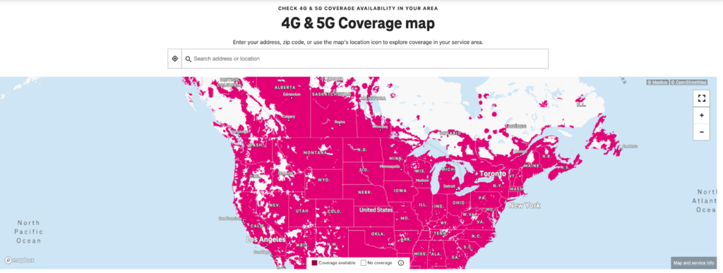 Kaart waarop de dekking van T-Mobile wordt afgebeeld