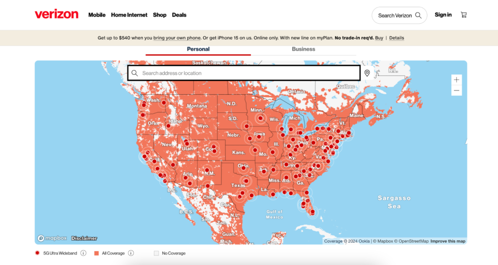 Kaart waarop de dekking van Verizon wordt afgebeeld