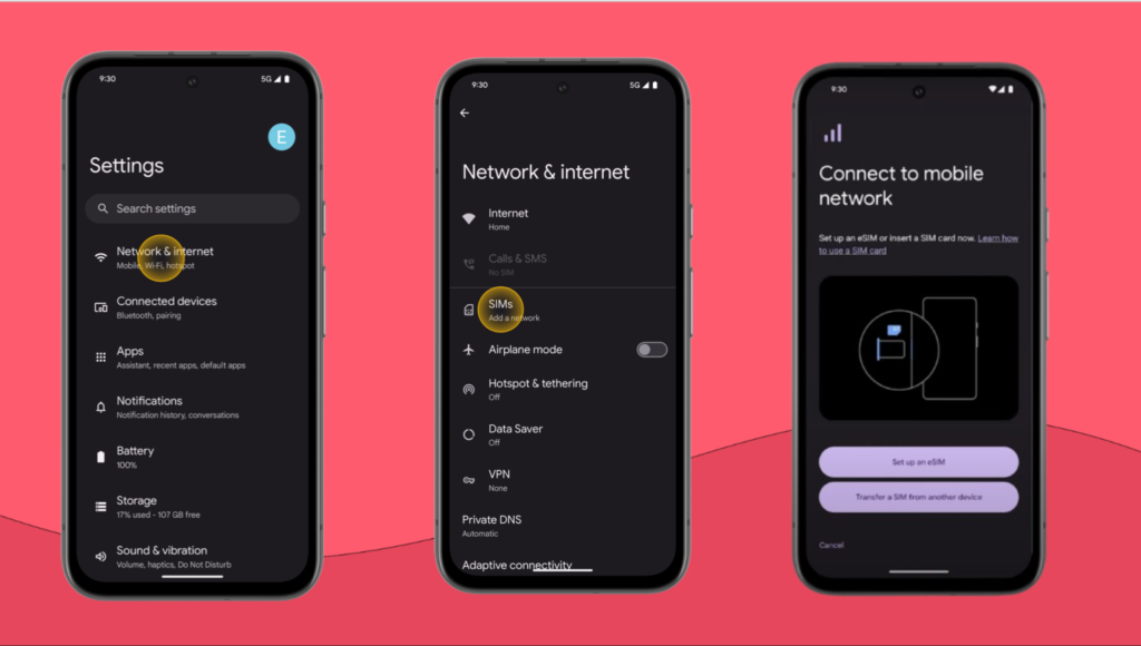 Afbeelding met 3 Google Pixel-telefoons waarop de verschillende stappen worden afgebeeld die je moet volgen om een eSIM toe te voegen