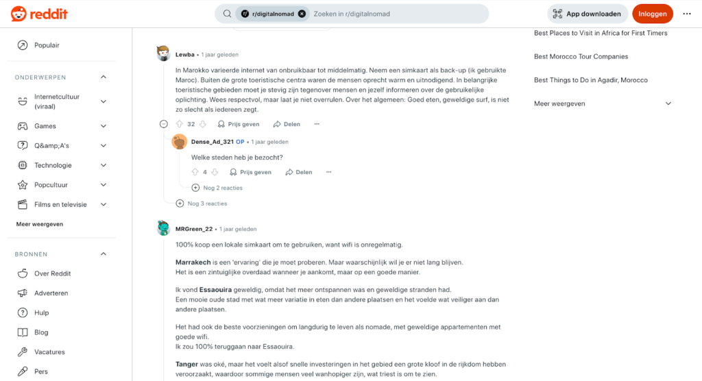 Screenshot van een thread op Reddit waarin gebruikers de kwaliteit van het internet in Marokko bespreken