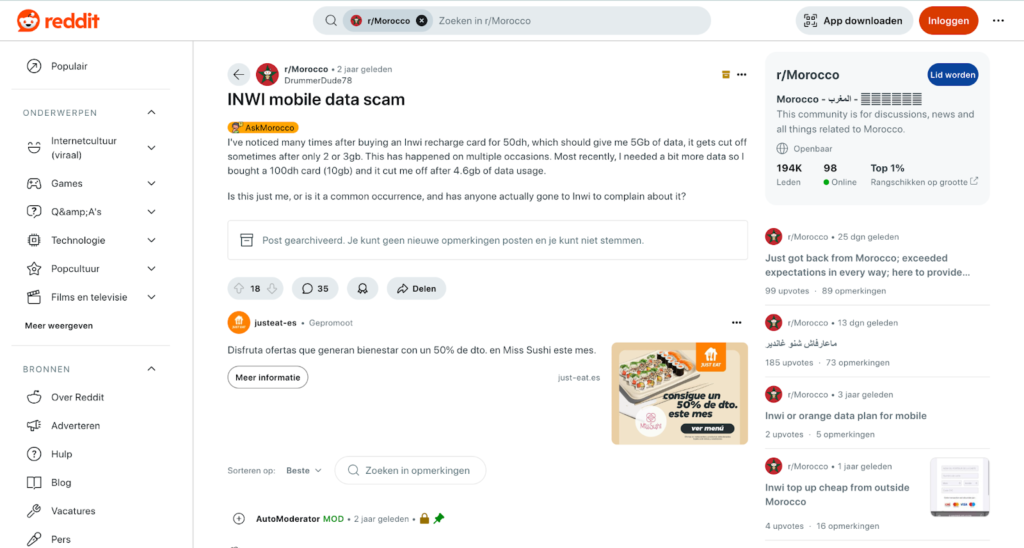 Screenshot van een thread op Reddit waarin een gebruiker klaagt over het feit dat de data van Inwi wordt stopgezet nog voordat de limiet werd bereikt