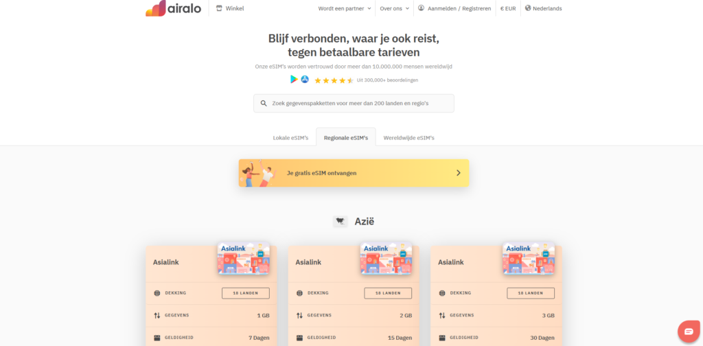 Screenshot van de eSIMS voor Azië aangeboden door Airalo