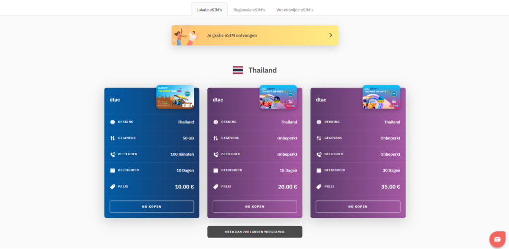Screenshot van de bundels die Airalo aanbiedt voor Thailand