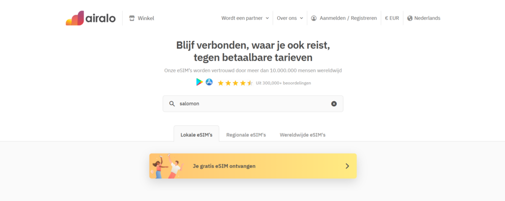 Screenshot van de homepagina van Airalo