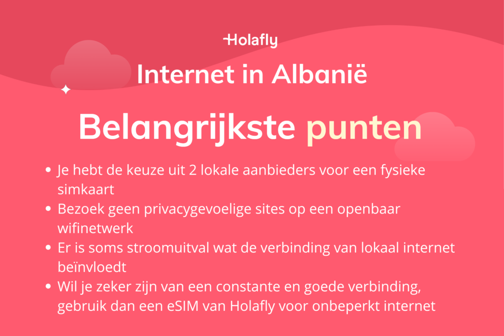 Afbeelding waarop de belangrijkste punten over internet in Albanië worden samengevat