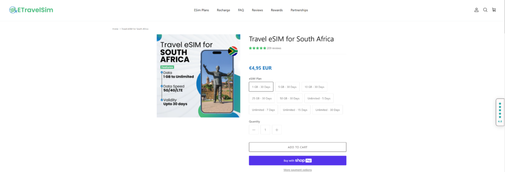 Screenshot van de bundels voor Zuid-Afrika van ETravelsim