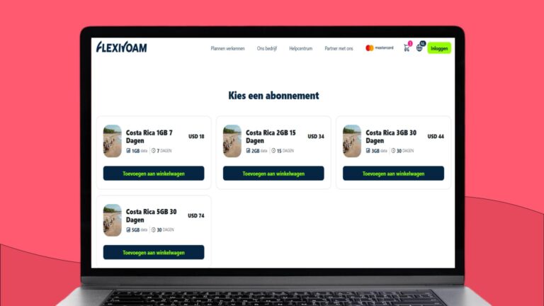 Laptopscherm met daarop een screenshot met informatie over de Flexiroam eSIM voor Costa Rica