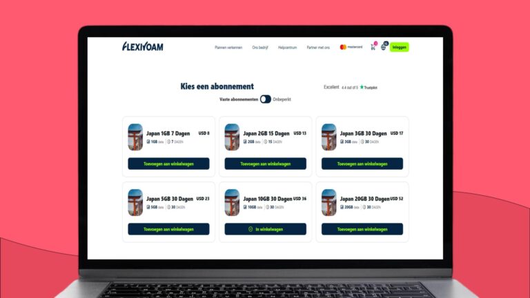Screenshot van laptopscherm met daarop meer informatie over de Flexiroam eSIM voor Japan