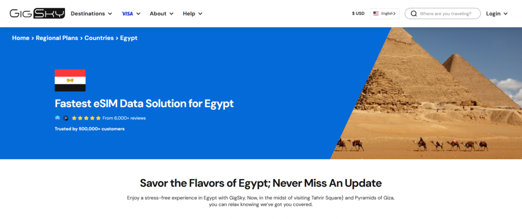 Screenshot van de productpagina van GigSky voor Egypte