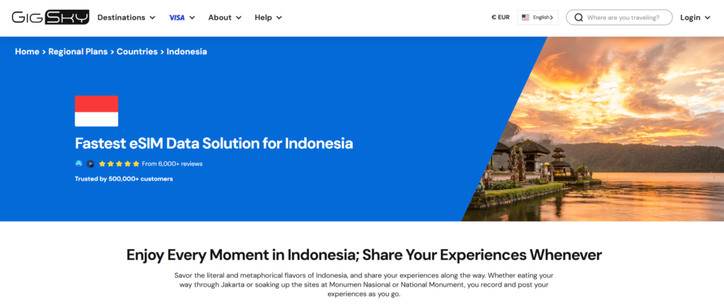 Screenshot van de productpagina voor Indonesië van GigSky