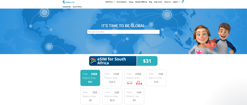 Screenshot van de bundels voor Zuid-Afrika van GlobaleSIM