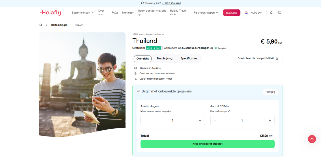 Screenshot van de bundels die Holafly aanbiedt voor Thailand