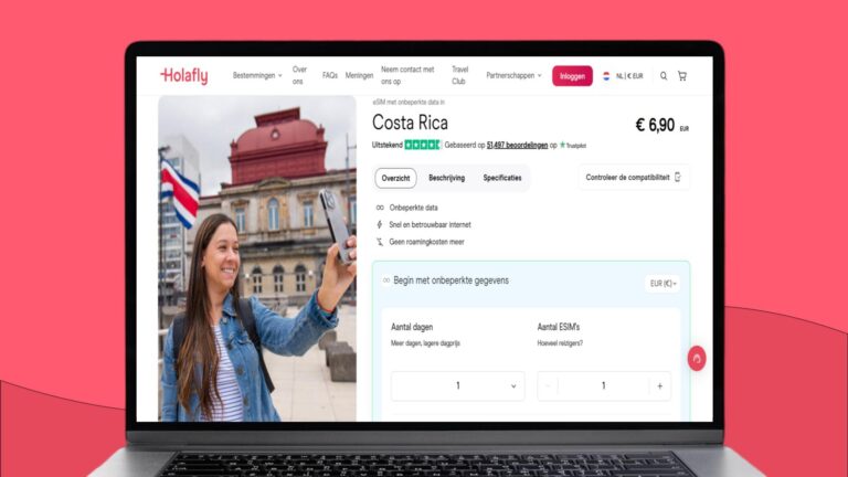 Laptopscherm met daarop een screenshot met informatie over de Holafly eSIM voor Costa Rica