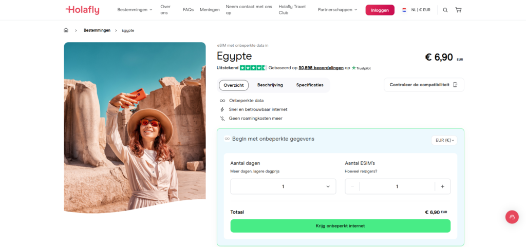 Screenshot van de productpagina van Holafly voor Egypte 