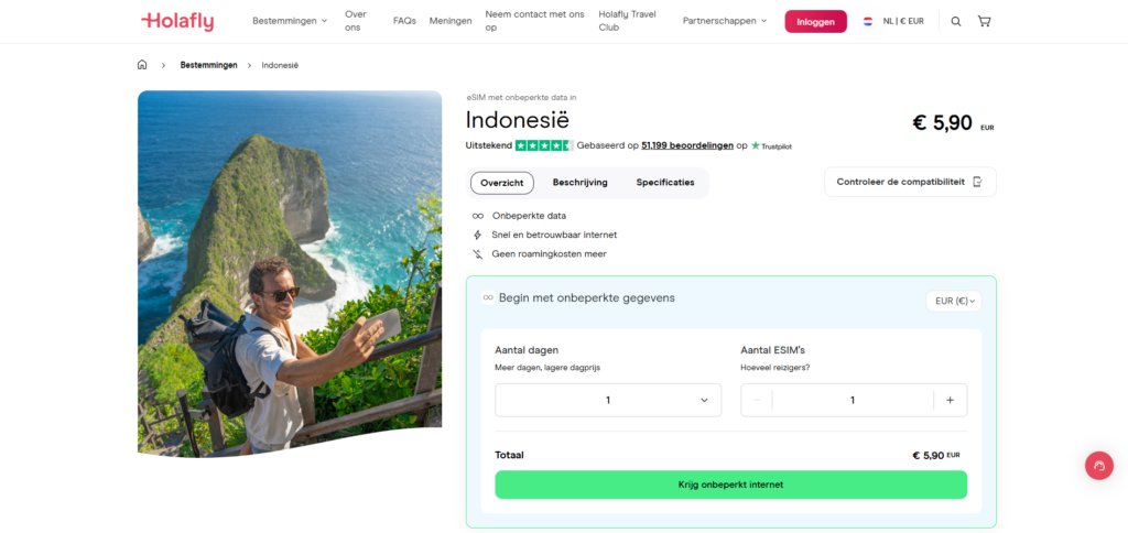 Screenshot van de Holafly eSIM voor Indonesië