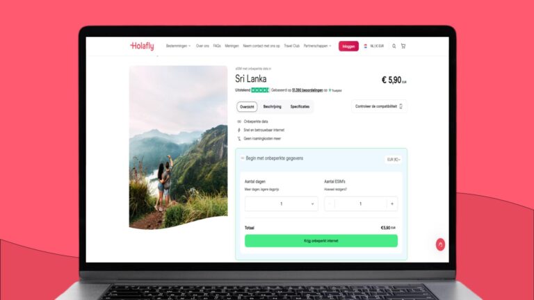 Screenshot van een laptopscherm met daarop informatie over de Holafly eSIM voor Sri Lanka