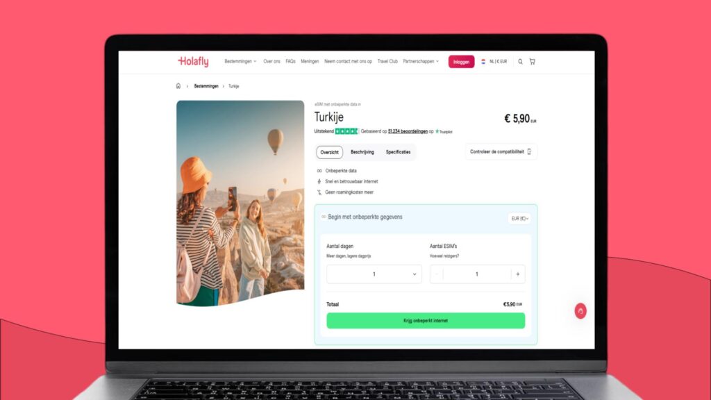 Laptopscherm met daarop meer informatie over de Holafly eSIM voor Turkije