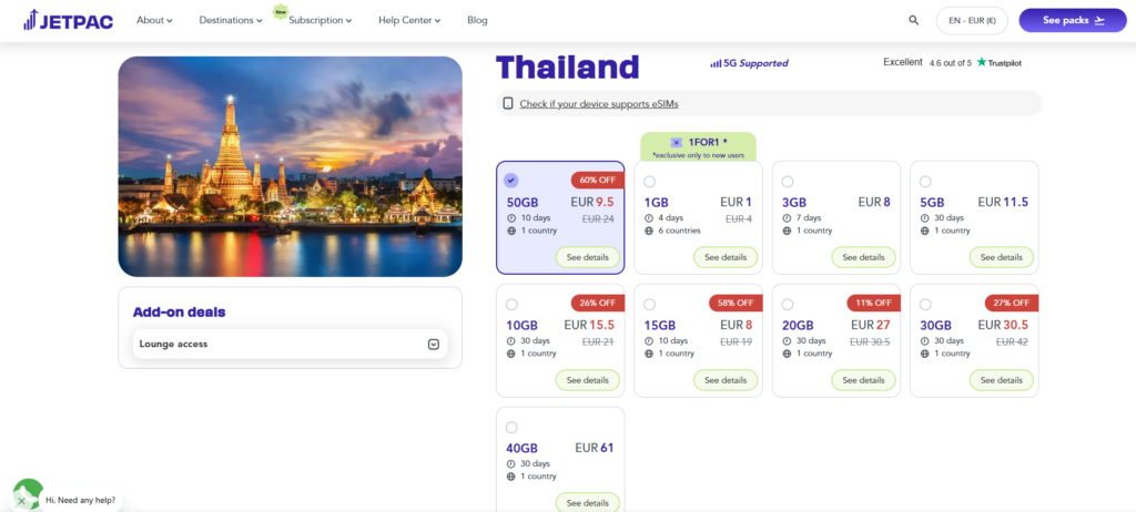 Screenshot van de bundels die Jetpac aanbiedt voor Thailand