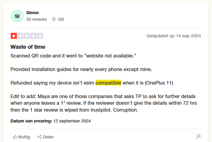 Screenshot van een recensie op Tripadvisor waarin een gebruiker klaagt over het feit dat de eSIM van Maya Mobile niet werkte op zijn telefoon.