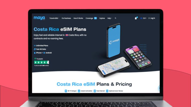 Laptopscherm met daarop een screenshot met informatie over de Maya eSIM voor Costa Rica