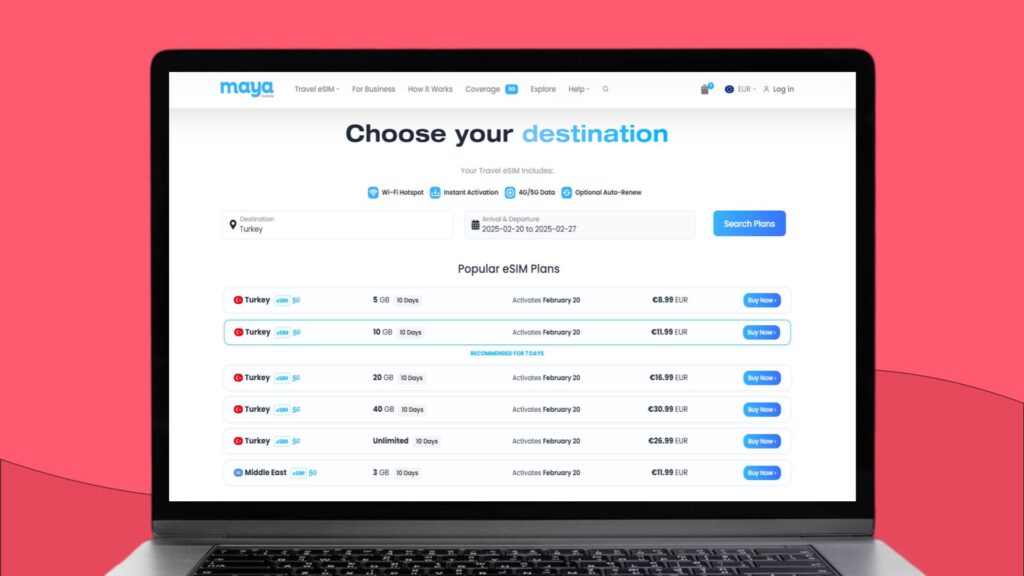 Laptopscherm met daarop meer informatie over de Maya eSIM voor Turkije