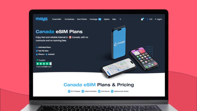 Laptop met daarop informatie over de Maya eSIM voor Canada