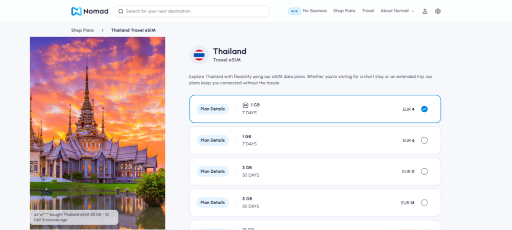 Screenshot van de bundels die Nomad aanbiedt voor Thailand