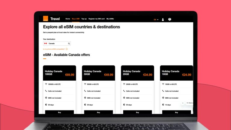 Laptop met daarop informatie over de Orange Travel eSIM voor Canada