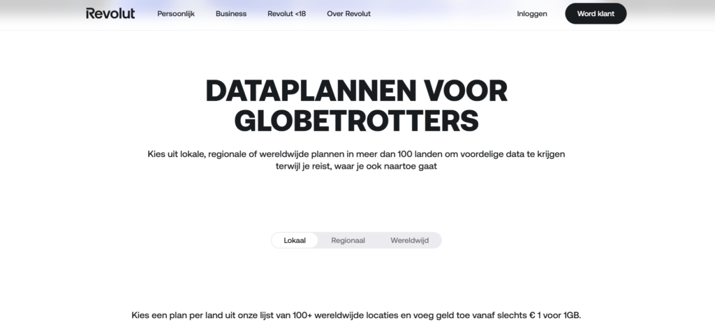 Screenshot van de pagina over eSIMs op de website van Revolut