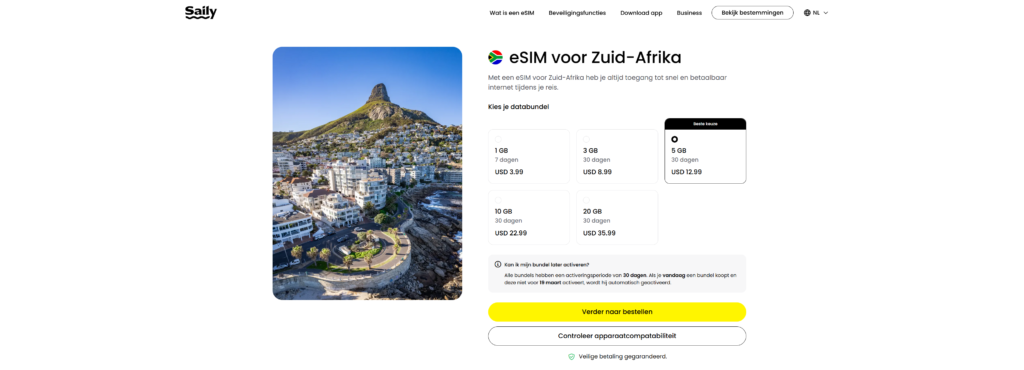 Screenshot van de bundels voor Zuid-Afrika van Saily