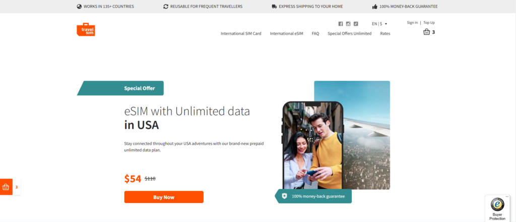 Screenshot van de productpagina van TravelSim waar je de eSIM voor Amerika kunt kopen