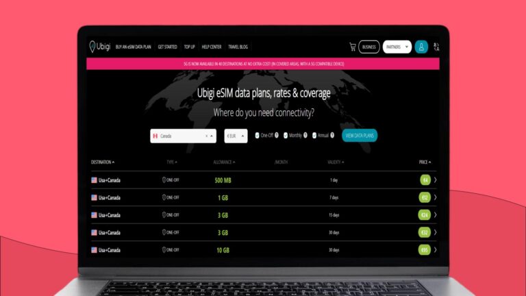 Laptop met daarop informatie over de Ubigi eSIM voor Canada