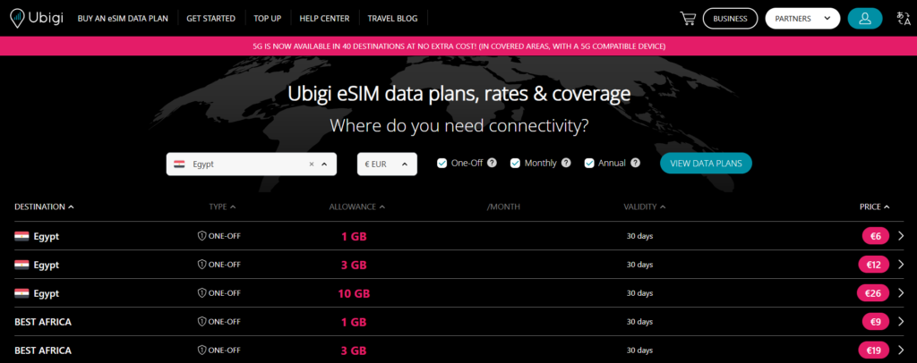 Screenshot van enkele databundels van Ubigi voor Egypte