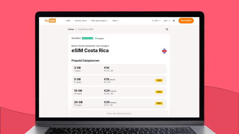 Laptopscherm met daarop een screenshot met informatie over de Yesim eSIM voor Costa Rica