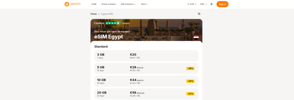 Screenshot van de beperkte databundels voor Egypte van Yesim