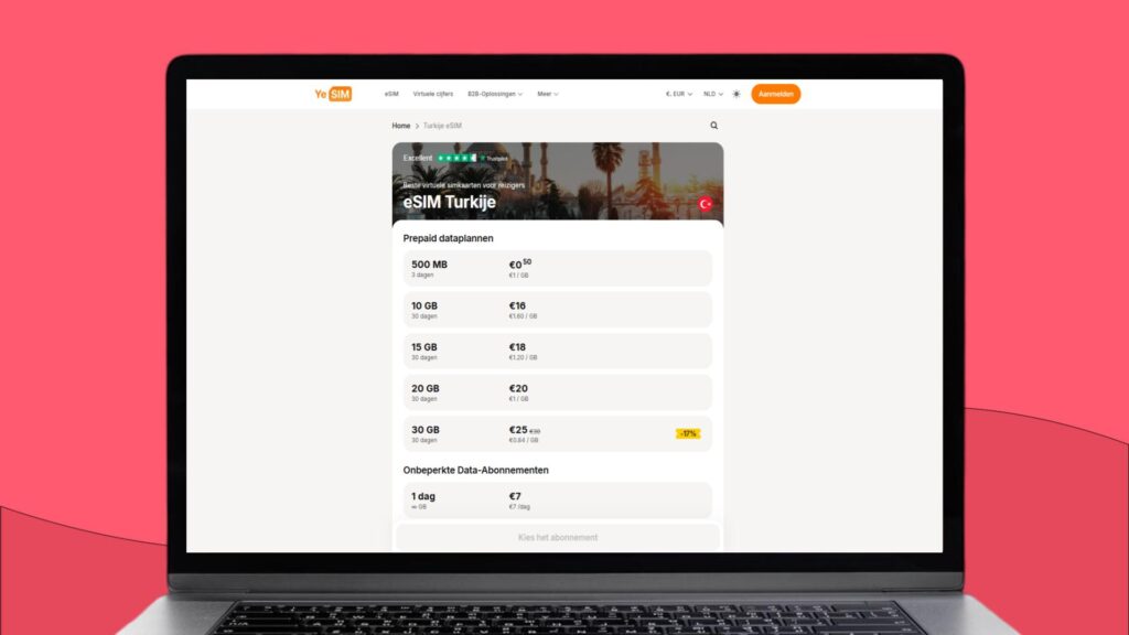 Laptopscherm met daarop meer informatie over de Yesim eSIM voor Turkije