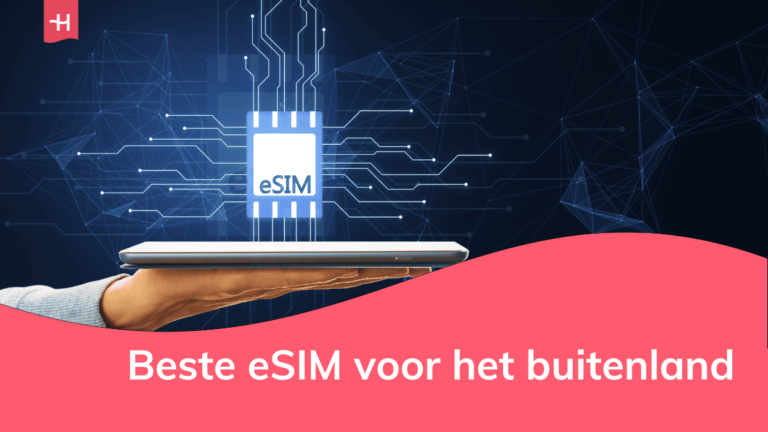 Foto van een hand die een smartphone vasthoudt met daarboven een icoontje waarop het woord esim staat als uitgelichte afbeelding voor een pagina over de beste eSIM voor het buitenland