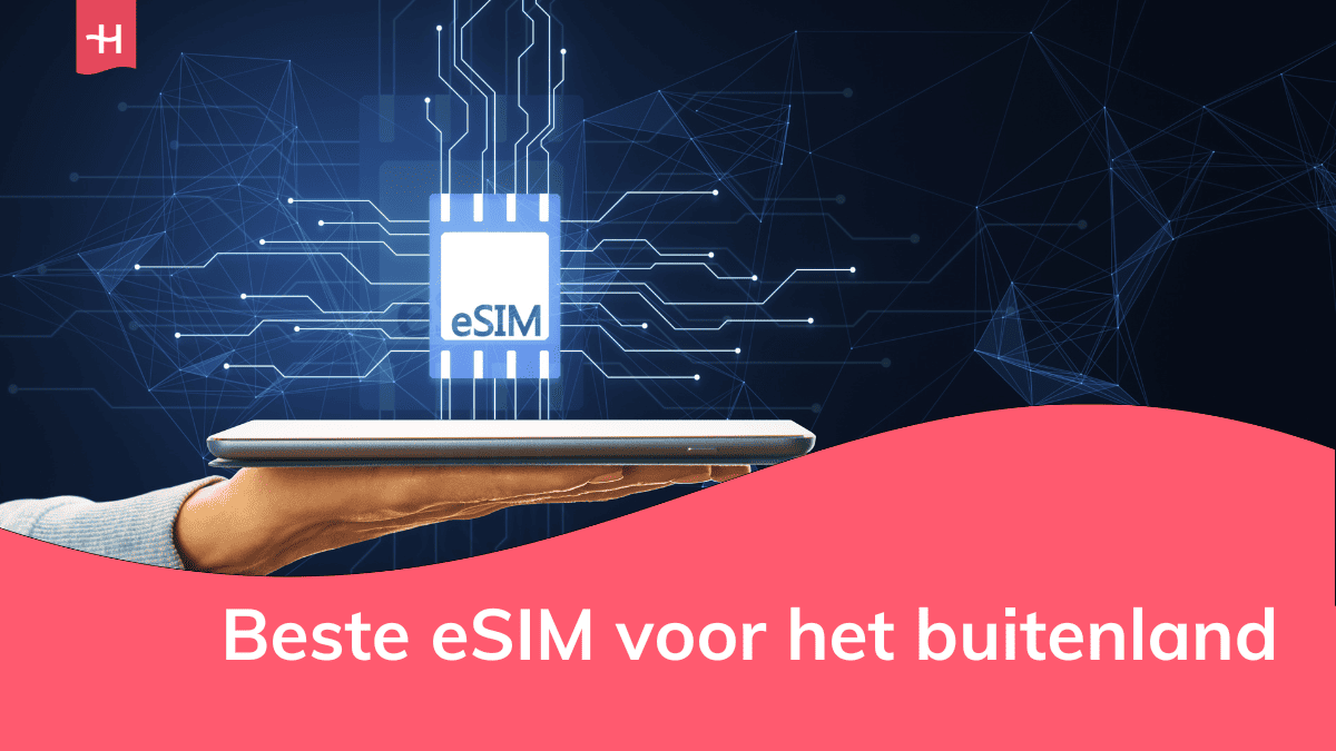 Foto van een hand die een smartphone vasthoudt met daarboven een icoontje waarop het woord esim staat als uitgelichte afbeelding voor een pagina over de beste eSIM voor het buitenland
