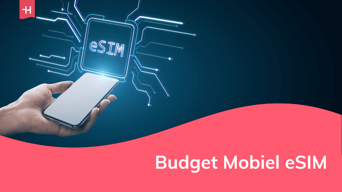 Foto van een vrouw die een telefoon vasthoudt met daarboven een hologram van het woord "eSIM" als uitgelichte afbeelding voor een artikel over Budget Mobiel eSIM