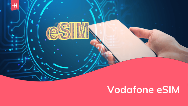 Foto van iemand die een smartphone vasthoudt met op de achtergrond het woord "eSIM" als uitgelichte afbeelding voor een artikel over de Vodafone eSIM